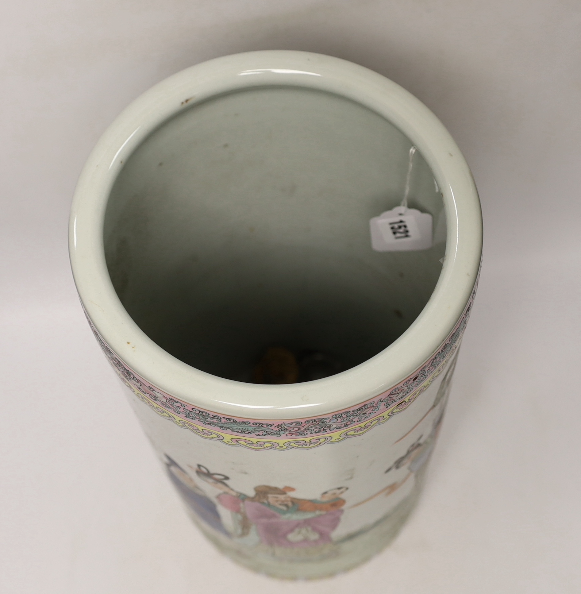 A Chinese Republic period famille rose umbrella stand, signed, 45.5cm high